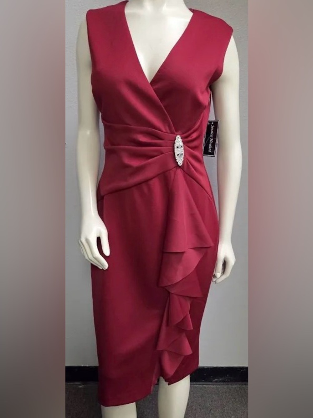 JH Evenings Collection Crimson Red Sleeveless Sheath Dress with Ruffle & Brooch